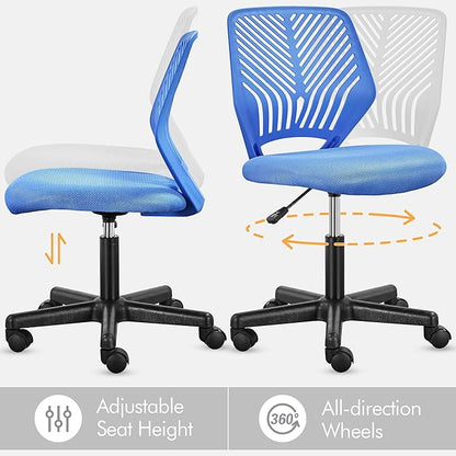 Yaheetech Students Desk Chair Low-Back Armless Study Chair Swivel Task Chair Cute Bedroom Chair with Lumbar Support Adjustable Height for Youth, Blue - LeafyLoom