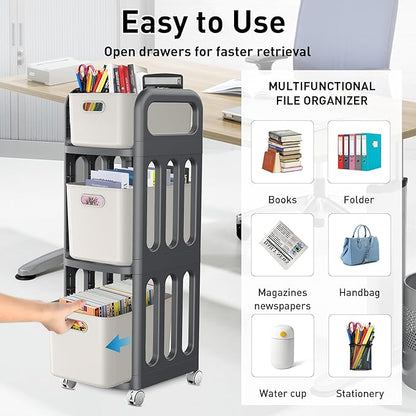 File Cabinet, Easy Assembled Mobile Filing Cabinets with Wheels, 3 Drawer Rolling Cart for Home Office Legal/Letter/A4 Size File - LeafyLoom