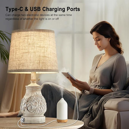 19.5'' Farmhouse Table Lamps for Bedrooms Set of 2 Vintage Bedside Lamps for Nightstand with USB Charging Ports Traditional Rusic Side Table Lamps for Living Room Wooden Carved Floral, Pull Chain - LeafyLoom