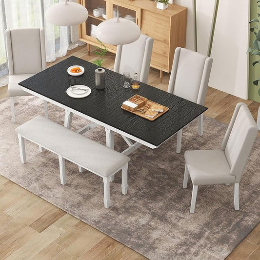 Classic Dining Table Set for 6 with 78" Extendable Rectangular Tabletop with Two 12" W Removable Leaves and 4 Upholstered Chairs & 1 Bench for Kitchen Living Room, White+Black - LeafyLoom