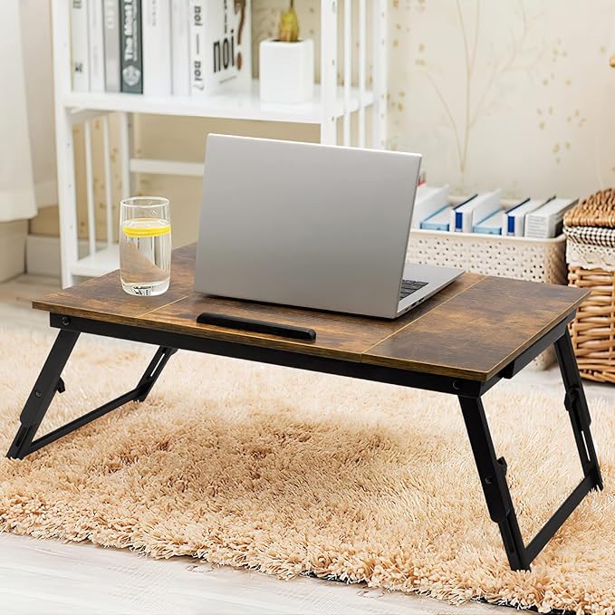 Bamboo Laptop Desk Bed Tray Table Adjustable Table for Computer Tilting Top Foldable Leg with Drawer - LeafyLoom