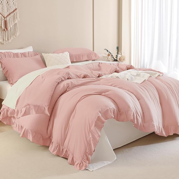 Andency Blush Ruffle Comforter Set, 2 Pieces Kids Comforter Set Twin(66x90Inch), Farmhouse Shabby Chic Comforter Set, Soft Microfiber Kids Bedding Set - LeafyLoom