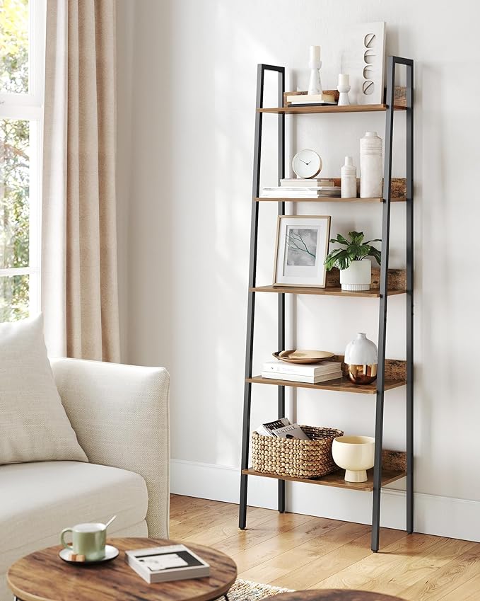 VASAGLE Bookshelf, 5-Tier Narrow Bookcase, Ladder Shelf for Home Office, Living Room, Bedroom, Kitchen, Rustic Brown and Ink Black ULLS067B01 - LeafyLoom