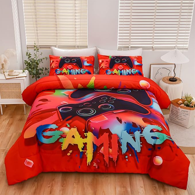 Aimuan Gaming Comforter Sets for Boys Kids Bedding Sets Video Games Console Action Buttons Novelty Colorful Game Gamepad Controller Modern Gamer Room Decor Home Quilt Set (Twin, Red) - LeafyLoom