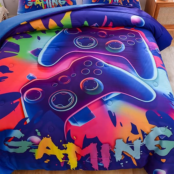 Aimuan Gaming Comforter Sets for Boys Kids Bedding Sets Video Games Console Action Buttons Novelty Colorful Game Gamepad Controller Modern Gamer Room Decor Home Quilt Set (Twin, Purple) - LeafyLoom