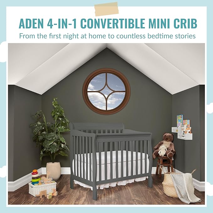 Aden 4-in-1 Convertible Mini Crib In Steel Grey, Greenguard Gold Certified, Non-Toxic Finish, New Zealand Pinewood, With 3 Mattress Height Settings - LeafyLoom