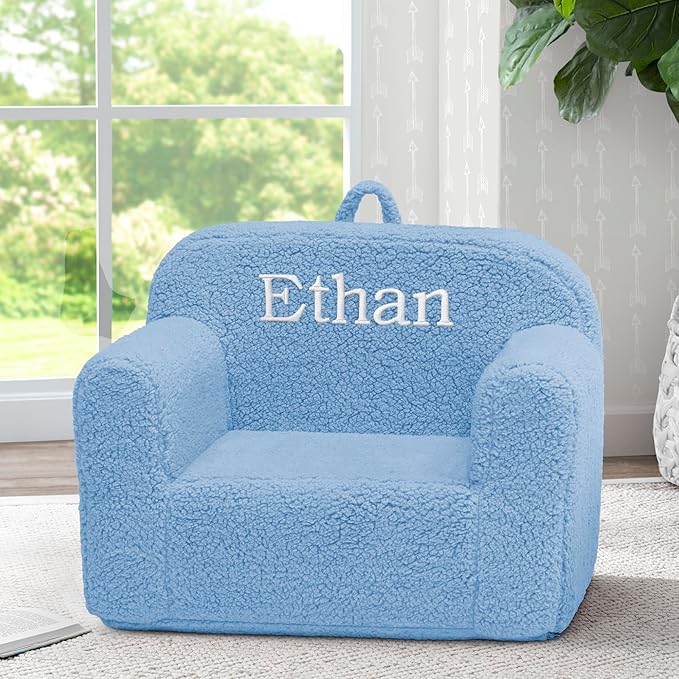 Delta Children Personalized Sherpa Cozee Chair - Customize with Name – Foam Kids Chair for Ages 18 Months and Up, Powder Blue - LeafyLoom