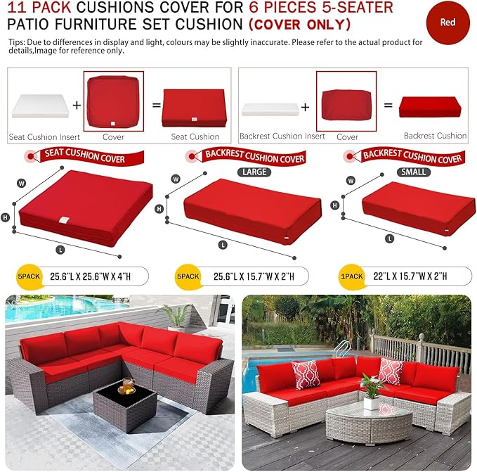 ClawsCover 11Pack Outdoor Seat and Back Cushions Replacement Covers Fit for 5-Seater 6Pieces Wicker Rattan Patio Furniture Conversation Set Sectional Couch Chairs,Red-Included Cover Only - LeafyLoom