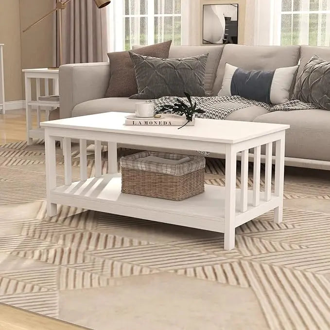 ChooChoo Farmhouse Coffee Table, Pure White Living Room Table with Shelf, 40 Inch - LeafyLoom