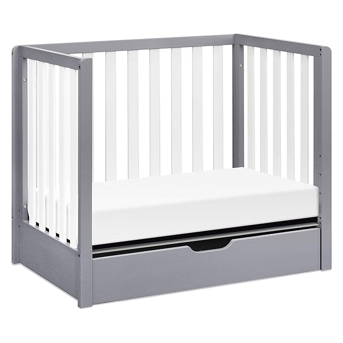 Carter's by DaVinci Colby 4-in-1 Convertible Mini Crib with Trundle Drawer in Grey and White, Greenguard Gold Certified, Undercrib Storage - LeafyLoom