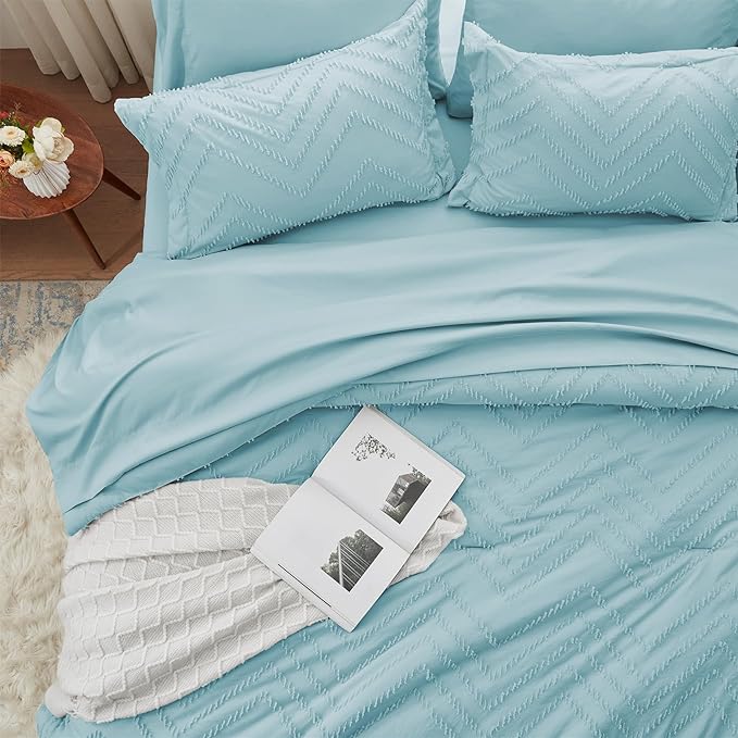 Anluoer Queen Comforter Set, Sky Blue Tufted Bed in a Bag 7 Pieces with comforters and sheets, All Season Bedding Sets with 1 Comforter, 2 PillowShams, 2 Pillowcases, 1 Flat Sheet, 1 Fitted Sheet - LeafyLoom