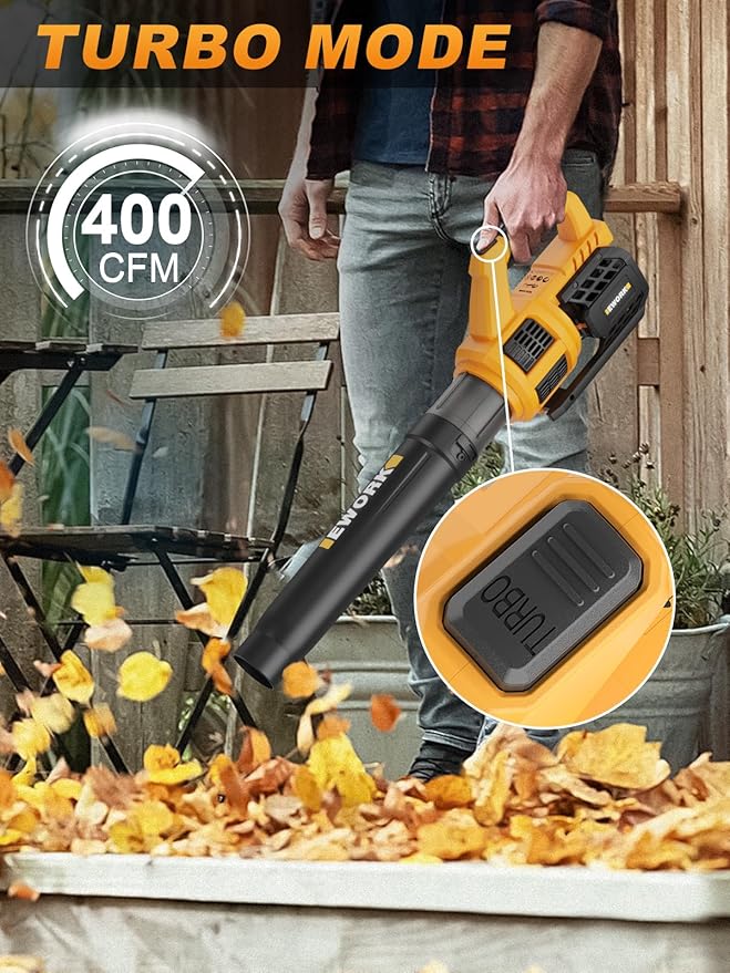 EWORK Cordless Leaf Blower - 21V Electric Leaf Blower Cordless with (2) 3.0Ah Battery and Fast Charger 400CFM Variable Speed & Turbo Mode - Battery Powered Leaf Blowers for Lawn Care and Patio - LeafyLoom