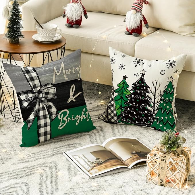 AVOIN colorlife Merry Christmas Joy Xmas Trees Green Throw Pillow Covers, 18 x 18 Inch Christmas Winter Holiday Cushion Case Decoration for Sofa Couch Set of 4 AVOINcolorlife