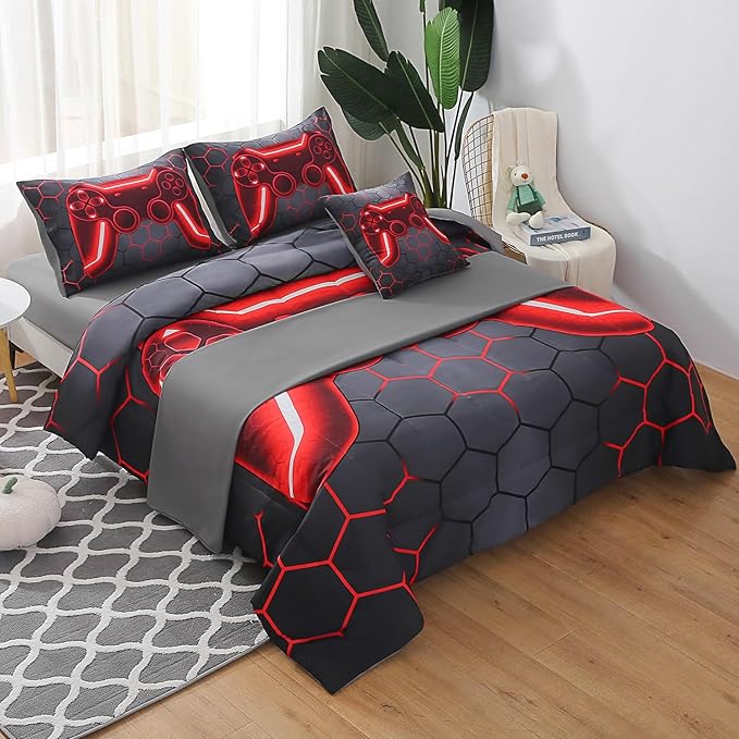 JQinHome Full Gamer Comforter Set for Boys Girls Kids,6 Piece Bed in A Bag 3D Video Game Bedding -All Season Soft Microfiber Down Alternative Comforter Gamer Bedding Sets with Sheets （Red） - LeafyLoom