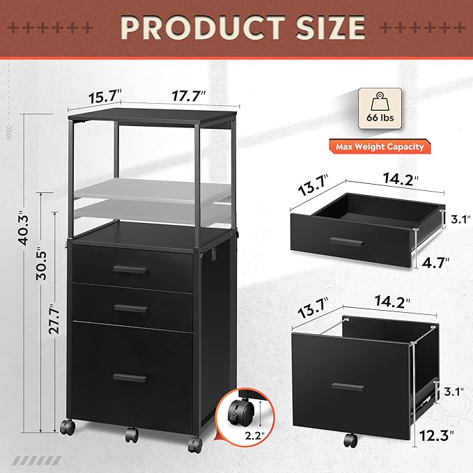 DEVAISE File Cabinet with Storage Drawers, Rolling Printer Stand with Adjustable Shelves, Wood Filing Cabinet for Home Office, Black - LeafyLoom