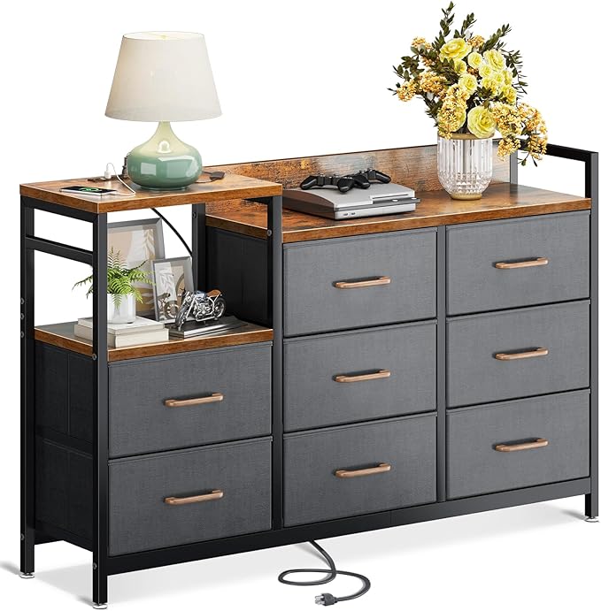 ODK Dresser with Charging Station, 52-Inch Long Dresser TV Stand for Bedroom, Large Dresser with 8 Storage Drawers, Chest of Drawers Easy-Pull Fabric Dressers for Living Room, Vintage and Dark Grey - LeafyLoom