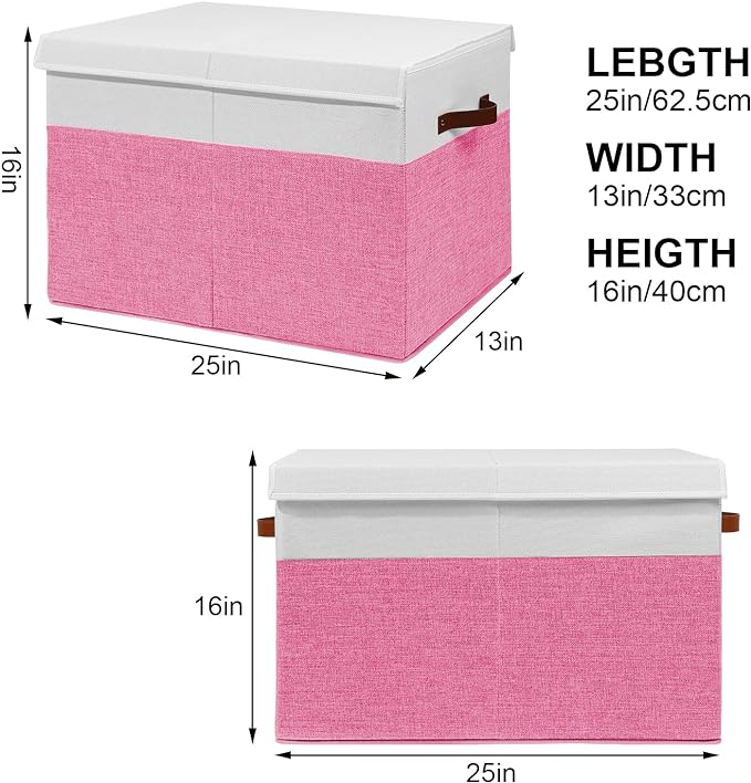 Large Toy Storage Box with Lid, Sturdy Toys Storage Chest Bin Organizer Basket with Dividers for Kids, Boys, Girls, Nursery, Closet, Bedroom, Playroom 25"x13" x16" (Pink and White) - LeafyLoom