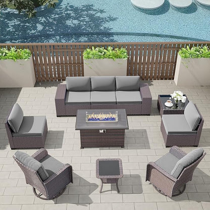 Kullavik 10PCS Outdoor Patio Furniture Set,PE Wicker Rattan Sectional Sofa Patio Conversation Sets with 43" 55000BTU Gas Propane Fire Pit Table,Swivel Rocking Chairs Set,Grey - LeafyLoom