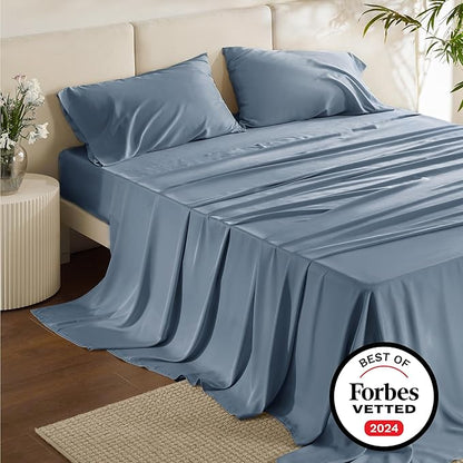 Bedsure Full Size Sheets, Cooling Sheets Full, Rayon Derived from Bamboo, Deep Pocket Up to 16", Breathable & Soft Bed Sheets, Hotel Luxury Silky Bedding Sheets & Pillowcases, Mineral Blue - LeafyLoom