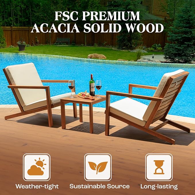 Eleve 400lbs Capacity Outdoor Set of 2 with Wooden Side Table, FSC Certified Acacia Wood Patio Furniture Set for Firepit Porch, Large, Slanted Backrest Club Chair - LeafyLoom