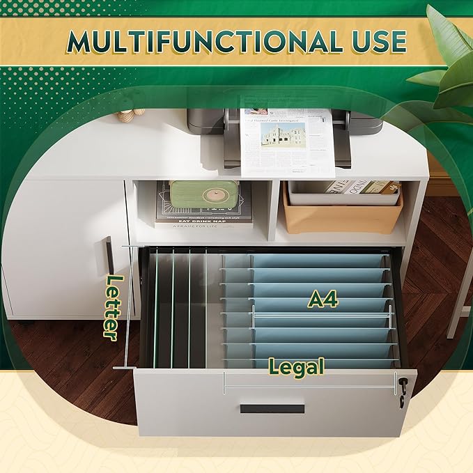 DEVAISE Office File Cabinet with Lock, 1-Drawer Wood Lateral Filing Cabinet on Wheels, Printer Stand with Open Storage Shelves for Home Office, White - LeafyLoom