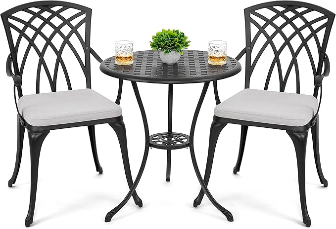 NUU GARDEN Bistro Set 3 Piece Outdoor Cast Aluminum Patio Bistro Set Patio Table and Chairs Set of 2 with Umbrella Hole and Gray Cushions, Black - LeafyLoom