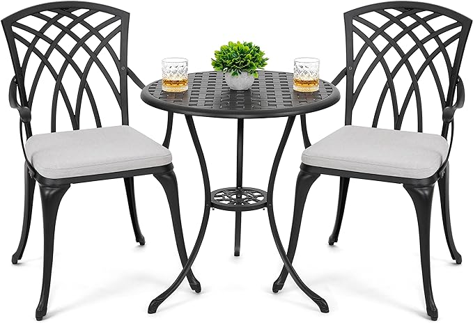 NUU GARDEN 3 Piece Bistro Table Set Cast Aluminum Outdoor Patio Furniture with Umbrella Hole and Grey Cushions for Patio Balcony, Black - LeafyLoom