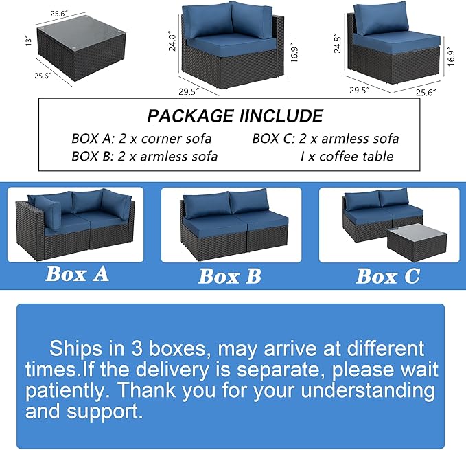 Shintenchi 7 Pieces Outdoor Patio Sectional Sofa Couch, Black Wicker Furniture Conversation Sets with Washable Cushions & Glass Coffee Table for Garden, Poolside, Backyard (Aegean Blue) - LeafyLoom