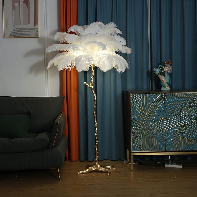 Luxury Resin Ostrich Feather Lamp, 35 Pieces real ostrich feathers,Feather Floor Lamp,Standing Lamp for Living Room, Bedroom and Office 67” Tall Feather Lamp (White) - LeafyLoom