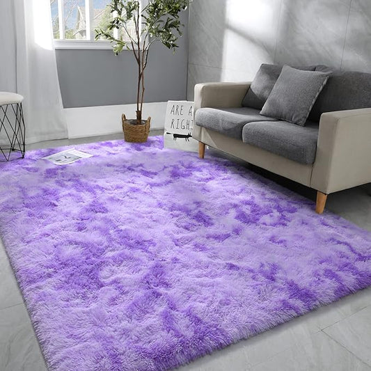 6x9 Large Area Rugs for Living Room, Super Soft Fluffy Modern Bedroom Rug, Tie-Dyed Purple Indoor Shag Fuzzy Carpets for Girls Kids Nursery Room Home Decor - LeafyLoom