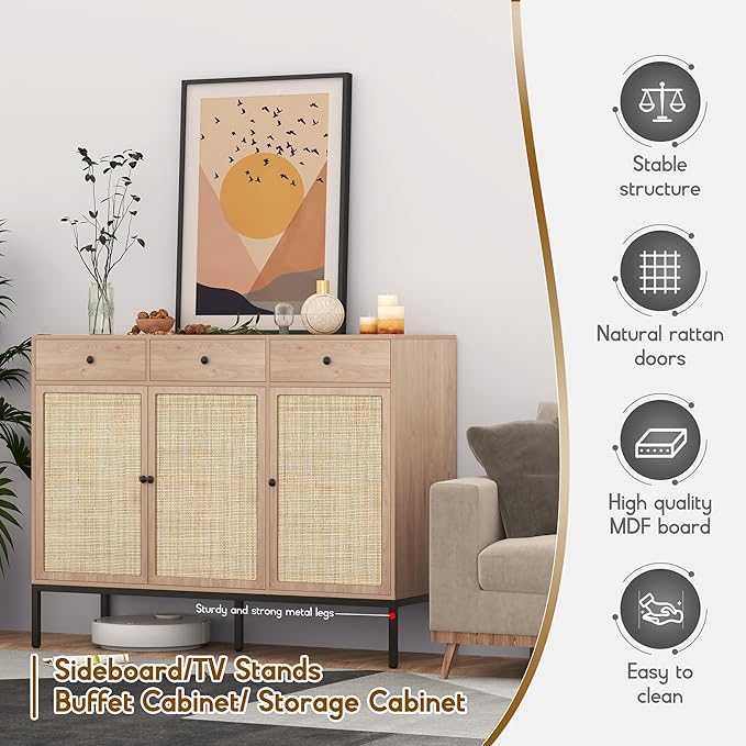 XIAO WEI Sideboard Cabinet Buffet Cabinet with Handmade Natural Decorated Doors and 3 Drawers Rattan Cabinet, Accent Cabinet, Console Table with Metal Legs for Living Room, Hallway, Entryway - LeafyLoom