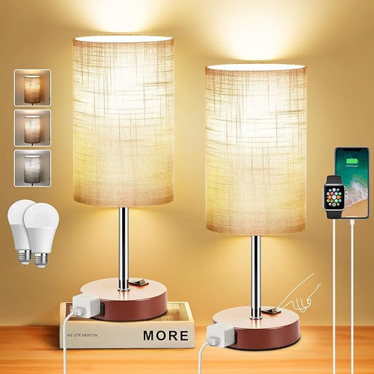 ZJOJO Table Lamp Bedside Lamps for Bedroom, Lamps for Bedrooms Set of 2 with 3 Way Dimmable Using Rocker Switch Nightstand Lamp Night Lamp with AC 2 Outlets for Living Room/Reading Room - LeafyLoom