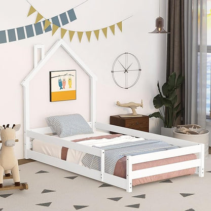 Bellemave Twin Size House-Shaped Headboard Floor Bed with Fences, Wooden Montessori Bed for Kids,House Bed Twin Frame for Girls,Boys (White) - LeafyLoom