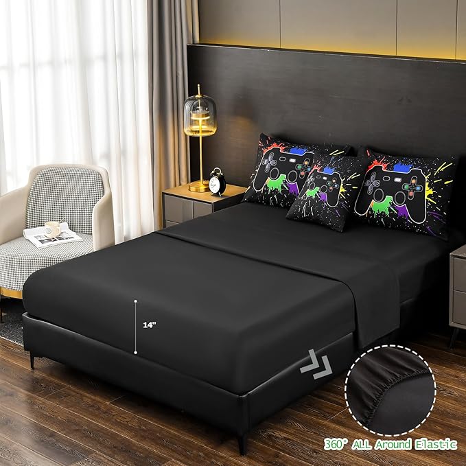 DORCAS Full Size Gamer Comforter Set with Sheets for Boys,Game Console Black Bedding Set for Kids,6 Pieces Bed in a Bag Colorful Graffiti Gaming Controller Comforter,Sheets,Pillowcases (Black, Full) - LeafyLoom