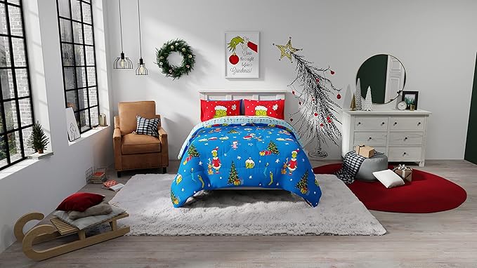 Franco Grinch by Dr. Seuss Holiday & Christmas Bedding Super Soft Comforter and Sheet Set with Sham, 7 Piece Full Size (Official Dr. Seuss product) - LeafyLoom