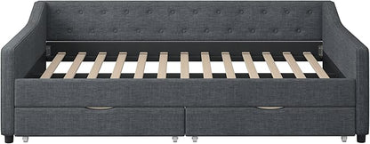 Full Size Daybed with 2 Drawers, Upholstered Tufted Sofa Bed with Button on Back and Piping on Waved Shape Arms for Bedroom, Apartment, Living Room, Wooden Slats Support, Dark Grey - LeafyLoom