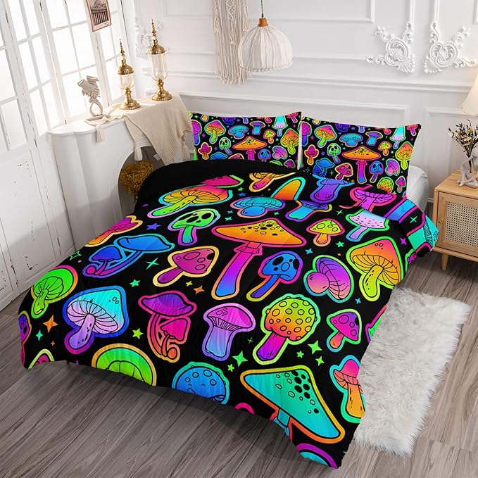 Mushroom Comforter Set Kids Bedding Set Full,3Pcs Colorful Soft Black Gradient Mushroom Quilt Set Bed in A Bag with 1 Comforter 2 Pillowcases for Kids Boys Girls Teens Adults Room Decor All Season - LeafyLoom