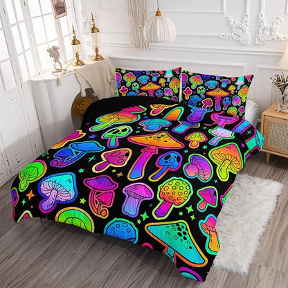 Mushroom Comforter Set Kids Bedding Set Twin,3Pcs Colorful Soft Black Gradient Mushroom Quilt Set Bed in A Bag with 1 Comforter 2 Pillowcases for Kids Boys Girls Teens Adults Room Decor All Season - LeafyLoom