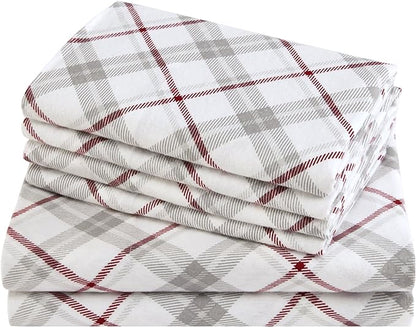 Comfort Spaces Cotton Flannel Breathable Warm Deep Pocket Sheets with Pillow Case Bedding, Cal King, Grey/Red Plaid 4 Piece - LeafyLoom