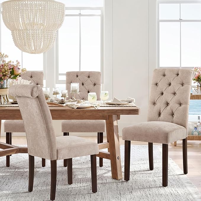 COLAMY Button Tufted Dining Chairs Set of 6, Parsons Upholstered Fabric Dining Room Chairs Kitchen Chairs with Wood Legs and Padded Seat, Taupe - LeafyLoom