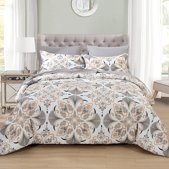 EMME Twin Comforter Set - Grey White Floral Bedding Set 5 PCS with Geometric Flowers Pattern, Soft Plant Printed Botanical Bed Set with Sheets,Fluffy Bed Bag for All Season(68"X90") - LeafyLoom