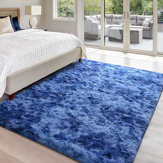 4x6 Large Area Rugs for Living Room, Super Soft Fluffy Modern Bedroom Rug, Tie-Dyed Navy Blue Indoor Shag Fuzzy Carpets for Girls Kids Nursery Room Home Decor - LeafyLoom