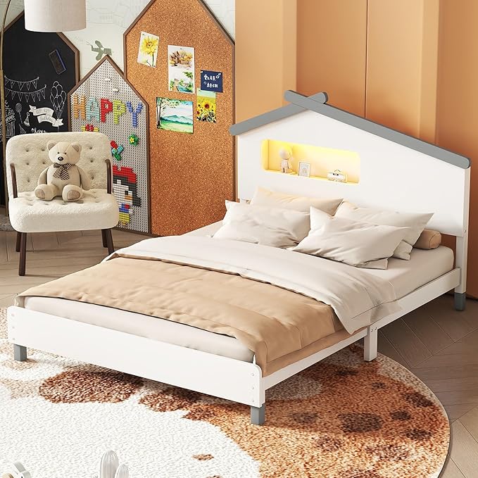 Full Size Bed Frame for Kids,Full Platform Bed with House-Shaped Headboard and Motion Activated Night Lights,Wood Full Kids Bed Frame for Girls,Boys(Full,White) - LeafyLoom