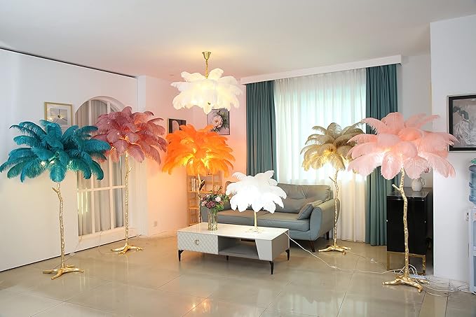 Luxury Resin Ostrich Feather Lamp, 35 Pieces real ostrich feathers,Feather Floor Lamp,Standing Lamp for Living Room, Bedroom and Office 67” Tall Feather Lamp (Pink) - LeafyLoom