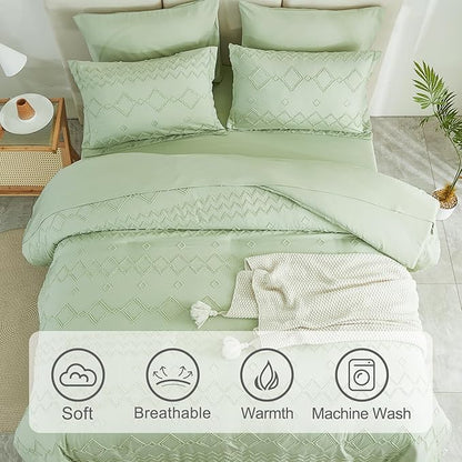 EMME Twin Comforter Set - 5 Pcs Sage Green Boho Bedding Sets, Tufted Comforter with Sheets, Shabby Chic Embroidery Twin Bed Set Fluffy Bed Bag for All Season(68"X90") - LeafyLoom