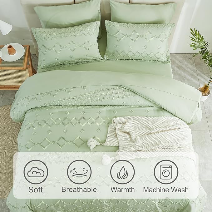 EMME Queen Comforter Set - 7 Pcs Sage Green Boho Bedding Sets, Full Size Tufted Comforter with Sheets, Shabby Chic Embroidery Queen Bed Set Fluffy Bed Bag for All Season(90"X90") - LeafyLoom