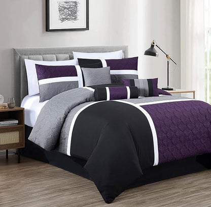 Chezmoi Collection Upland 7-Piece Quilted Patchwork Comforter Set, Purple/Black/Gray, Queen - LeafyLoom