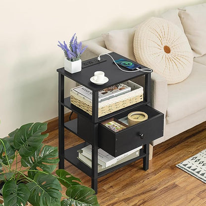 Lerliuo Nightstand Set of 2 with Charging Station and USB Ports, 3-Tier Storage End Table with Drawer Shelf, Night Stand for Small Spaces, Wood Bedside Table for Living Room, Bedroom - Classic Black - LeafyLoom