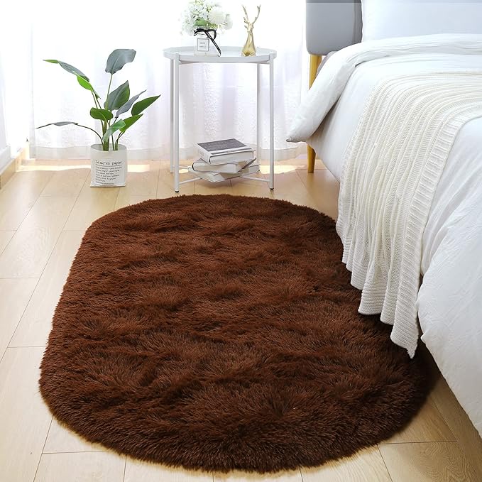 Merelax Soft Shaggy Rug for Kids Bedroom Oval 2.6'x5.3' Brown Plush Fluffy Carpet for Living Room, Furry Carpet for Teen Girls Room, Anti-skid Fuzzy Comfy Rug for Nursery Decor Cute Baby Play Mat - LeafyLoom