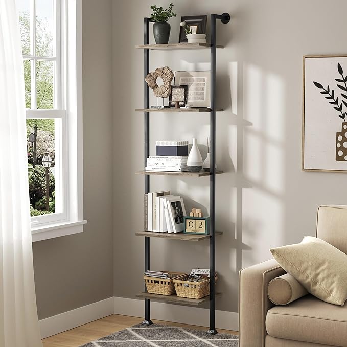 Axeman 5-Tier Ladder Shelf, Tall Narrow Bookcase for Small Spaces, Book Storage Organizer Case Open Shelves for Living Room, Home Office, Study, Industrial Style Black Metal Frame and Gray Shelf - LeafyLoom